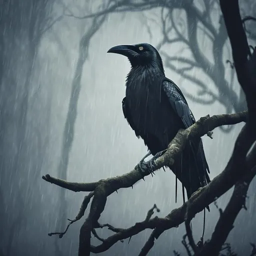 Prompt: Black crow perched on a tree close up, fog, raining, cinematic lighting, realistic,
Creepy