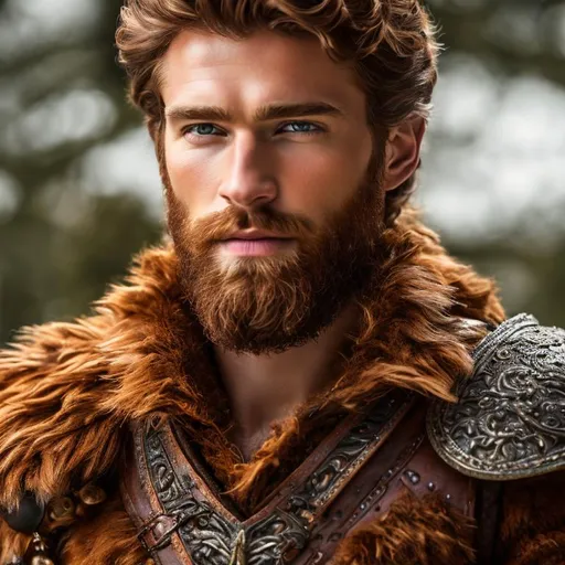 Prompt: UHD, 8K, intricately detailed, portrait photo of a rugged Nordic man with very short auburn hair and a very short scruffy auburn beard. Highly detailed hazel eyes. Wearing D&D leather armor. centered in frame, 85mm lens, f8, photography, intricate details, correct perspective, flattering natural light