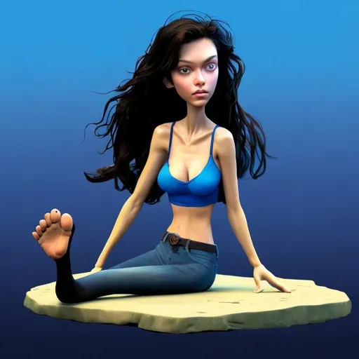 Prompt: Adult Mermaid with human legs,  on land , Wearing a blue jeans and a black shirt , human anatomy , five fingers correctly , five toes correctly