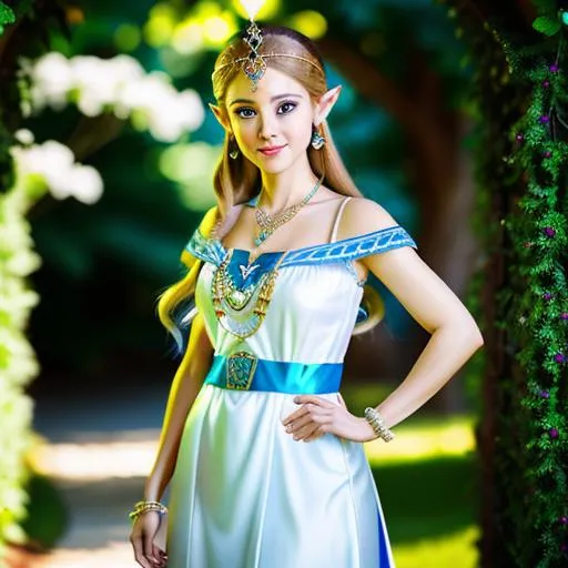 Prompt: photorealistic full body portrait of a beauty woman with appearence like Princess Zelda,  long shot super real photo, happy look, blue and white dress, highly detailed face, innocent looking, regal looking, realistic, hyperrealistic, 8k UHD, HDR, sharp, focused, depth of field face , symmetrical face, f/1. 8, 85mm, Nikon Z9, (image-centered composition: 1.2), 