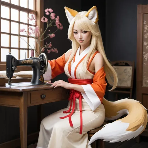 Prompt: Blonde kitsune seamstress