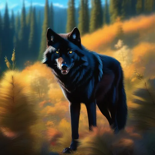 Prompt: (black wolf), realistic, photograph, epic oil painting, (hyper real), furry, (hyper detailed), extremely beautiful, (on back), sprawled, paws in the air, playful, UHD, studio lighting, best quality, professional, photorealism, masterpiece, ray tracing, 8k eyes, 8k, highly detailed, highly detailed fur, hyper realistic thick fur, canine quadruped, (high quality fur), fluffy, fuzzy, close up, rear view, hyper detailed eyes, perfect composition, ray tracing, masterpiece, trending, instagram, artstation, deviantart, best art, best photograph, unreal engine, high octane, cute, adorable smile, lying on back, flipped on back, lazy, peaceful, (highly detailed background), cliffside, overlooking river, overlooking abandoned town, overgrown with nature, vivid, vibrant, intricate facial detail, incredibly sharp detailed eyes, incredibly realistic fur, concept art, anne stokes, yuino chiri, character reveal, extremely detailed fur, sapphire sky, complementary colors, golden ratio, rich shading, vivid colors, high saturation colors, nintendo, pokemon, silver light beams