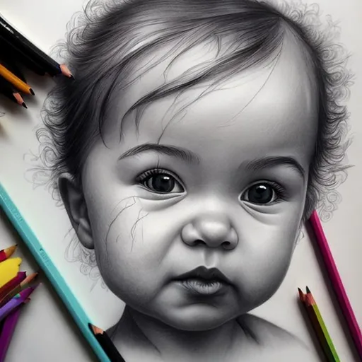 Prompt: pencil art in stlye Kerby Rosanes, Alyse Dietel, detailed baby face portrait

