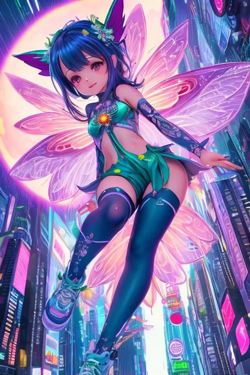 Prompt: 2D illustration full body front view shot, cinematic shot,

fairy Loli, small stature, tiny, happy, energetic, flying in the cyberpunk city, wearing fantasy forest fairy garb, fairy wings, long hair, ultra detailed garb, detailed face, detailed eyes, detailed mouth and lip, ultra detailed intricate cyberpunk city background, 

((2D illustration, 2D vector art, 2D digital painting, 2D flat color, 2D art, contrast, detailed pencil stroke, detailed brush stroke)),

(((neon light reflection, detailed light reflection, head light reflection))),

cinematic lighting, studio lighting, dynamic lighting, neon light, volumetric lighting,

masterpiece, professional work, 