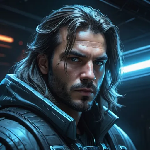 Prompt: Portrait of a space thug with broad face, long hair, close-set eyes, broad nose, sci-fi, digital painting, intense expression, gritty cyberpunk style, cool tones, atmospheric lighting, 4k, ultra-detailed, space thug, long hair, close-set eyes, broad nose, intense expression, digital painting, cyberpunk, sci-fi, cool tones, atmospheric lighting, highres, professional, Style of Moebius