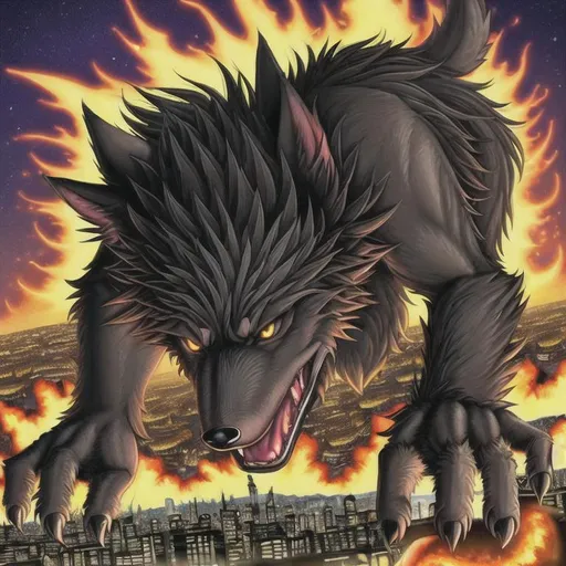 Prompt: Male, giga Buff anthropomorphic black wolf furry, destroying a tiny city in flames