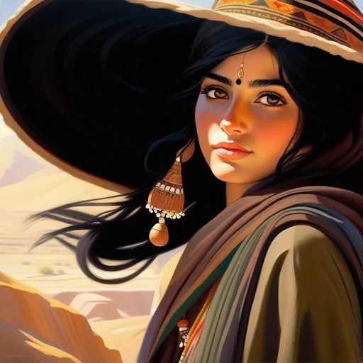 Prompt: Pashtun girl, pale olive skin, black hair, dark brown eyes, in Northern Pakistan, cartoony, sunny atmosphere, extremely detailed painting by Greg Rutkowski and by Henry Justice Ford and by Steve Henderson