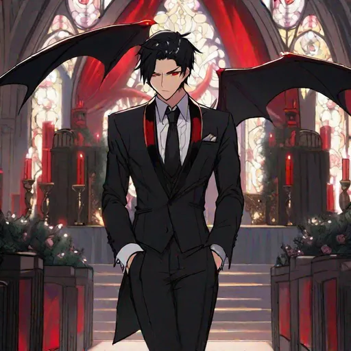 Prompt: Damien  (male, short black hair, red eyes) demon form, wearing a tuxedo, standing at the altar, biting his lip seductively, close up