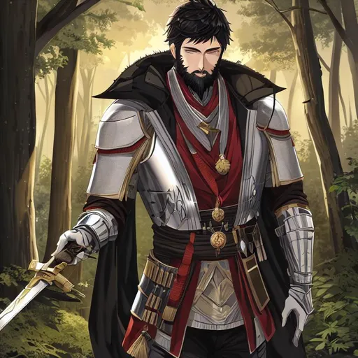 Prompt: male human knight, short Black Hair, medal armer, in the Woods, D&D, beard, sunset