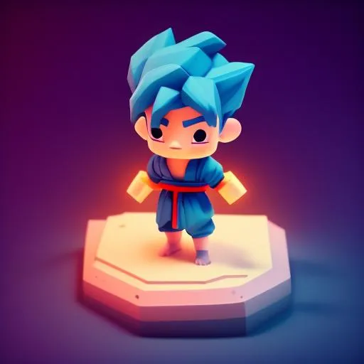 Prompt: Tiny cute isometric goku, soft smooth lighting, with soft colors, 100mm lens, 3d blender render, trending on polycount, modular constructivism, blue background, physically based rendering, centered.