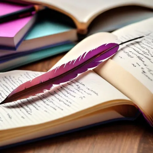 Prompt: Feather pen on scroll writing in colour books desk
