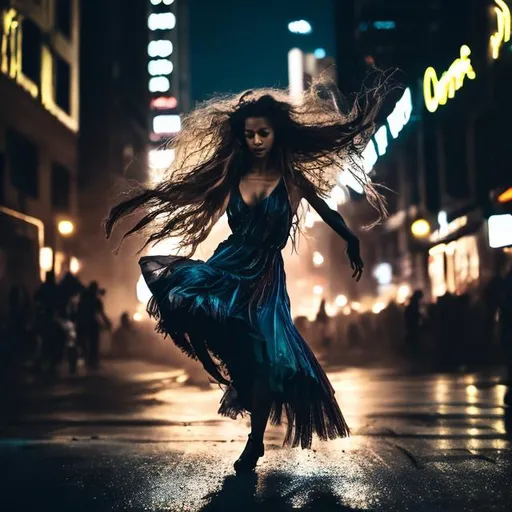 Prompt: woman dancing in night city dark vibes crazy messy hair