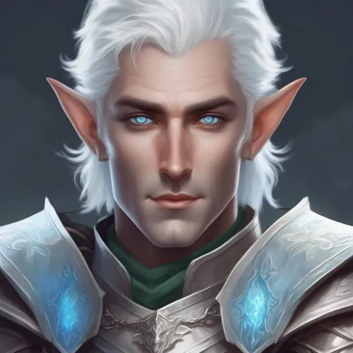 Prompt: dnd a elven man with short fluffy white hair wearing plate armor with light blue eyes