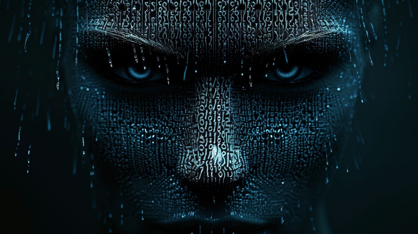 Prompt: raining matrix letters get embossed in mid air to create a 3d android face