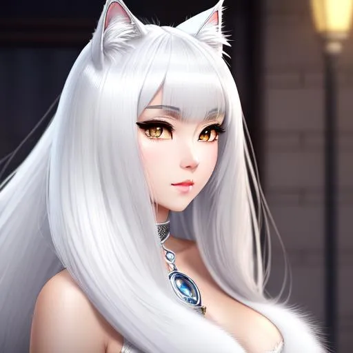 Prompt: The beautiful woman with face like cat , cat stealth,beautiful anime cat eyes, white skin,silver and white hair, breath, cat face,intricate hairy body, cat's fur, cute, anime vintage, perfect cat body, cat whiskers, beautiful, highly detailed, hd, 4k, 8k, wide angle