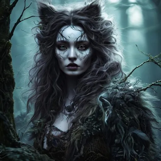 Prompt: highly detailed woman with norwegian forest cat into dark forest, witch of forest, highly detailed eyes, high resolution scan, 64k, UHD, HDR, hyper realistic, Sony A7 IV, Sony FE 70mm f/2.8 G Master II, horror context, neon lights, crystal clear photograph, absolutely real.