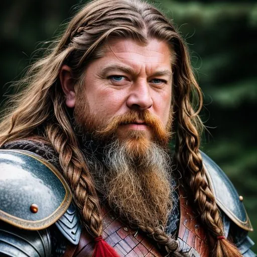 Prompt: Fantasy dwarf warrior, detailed background, intricate details, full plate armor, natural colors, long braided beard, red hair, sean bean 