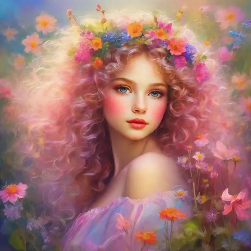 Prompt: a young fairy of spring, very curly hair, pink glow on cheeks,wildflowers, vivid colors, closeup