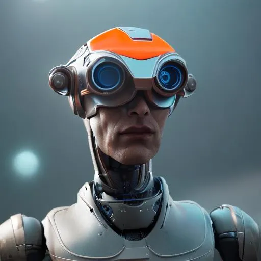 Prompt: Futuristic robot, agile, dangerous, orange visor, realistic, exposed mechanics
