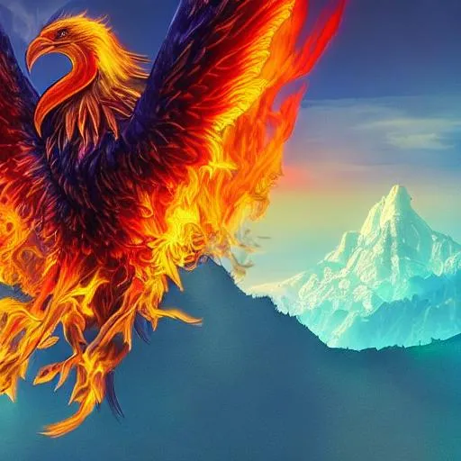 Prompt: A beautifully colored phoenix, 3d, 4k, intricate detail, mountains, hyperrealistic, flames, 