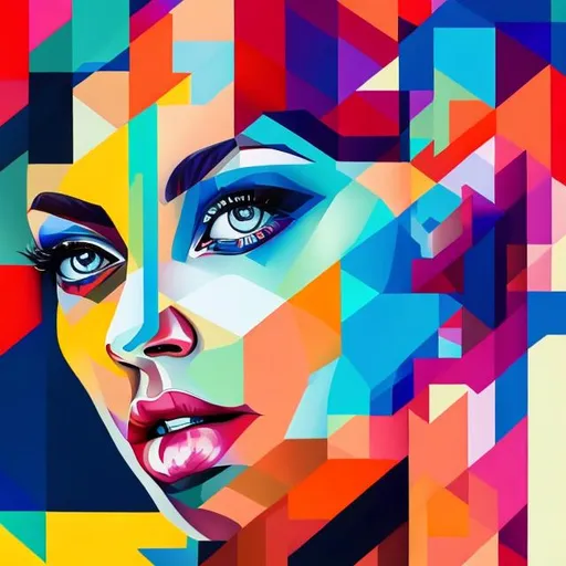 Prompt: A colorful woman face abstract painting made up of geometric shapes