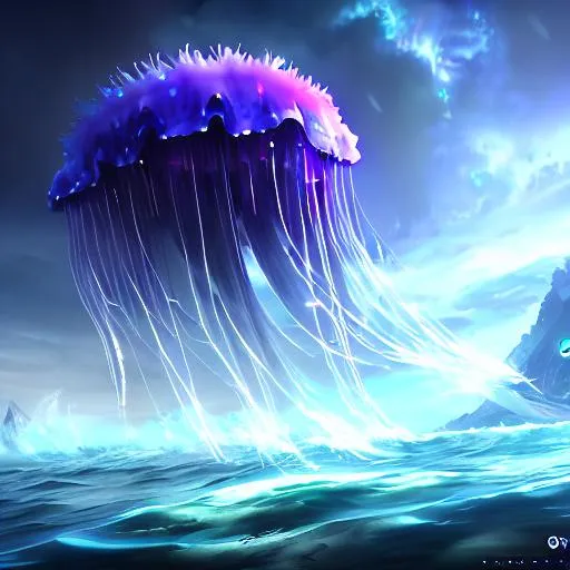 Prompt: gigantic monstrosity jellyfish sea monster, highly detailed body, full body, whole body visible, full character visible, thunder storm, soft lighting, high definition, ultra realistic, extremely detailed, unreal engine 5, 8K, digital art