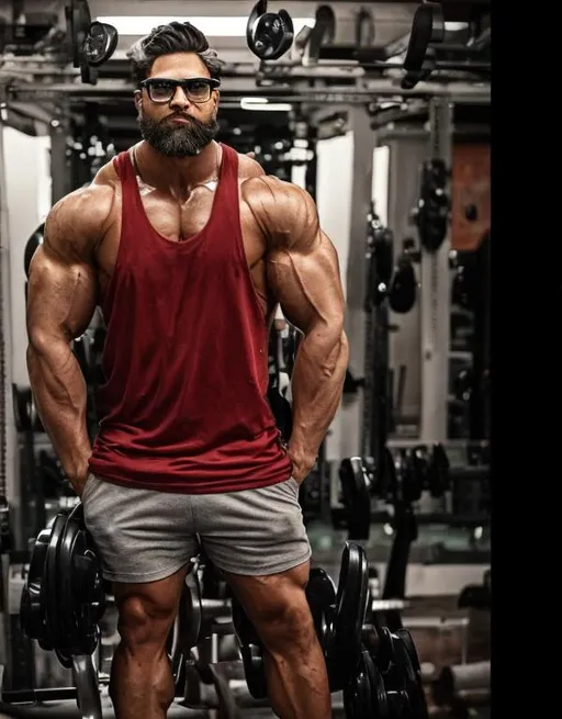 Prompt: superhero bodybuilder in tank top glasses handsome Indian beard
