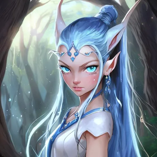 Prompt: A woman of the elf race with huge blue eyes that are shimmering in the light that shines her blue long hair is in a ponytail.On her head sits a beautiful grown. She stands on a tree with a bow in her hand.   She has two pointy ears. On them there are earrings.  On one of them is a blue Saphire she does look a little bit downwards and smiles brighly