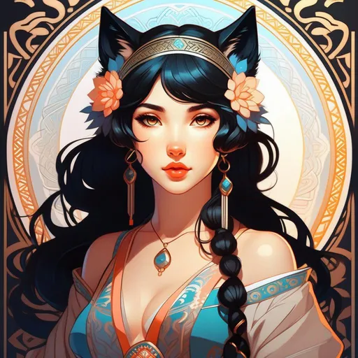 Prompt: Full body portrait of cute wolf girl, Asena, black hair, pale skin, Turkish mythology, intricate, detailed face. by Ilya Kuvshinov and Alphonse Mucha.