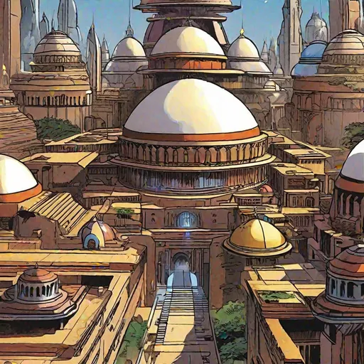Prompt: A scifi Indian city with a majestic dome building in second plane and many ziggurat buildings in first plane. marvel comics art. DC comics art. Image comics art. 