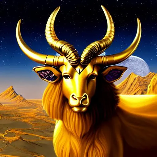 Prompt: Painting, aries personified with horns, from a 3/4 camera angle, realistic proportions, astronomy background, blue and gold tinted, style by Deus Ex machina game
