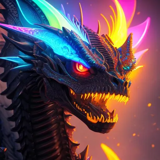 Prompt: Portrait of a roaring neon skeleton dragon with iridescent black markings and a cute face, liminal space streets, perfect composition, hyperrealistic, super detailed, 8k, high quality, trending art, trending on artstation, sharp focus, studio photo, intricate details, highly detailed, by greg rutkowski, illustration, watercolor