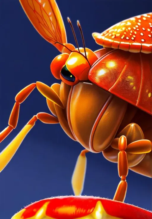 Prompt: UHD, , 8k,  oil painting, Anime,  Very detailed, zoomed out view of character, HD, High Quality, Anime, Pokemon, Parasect is a large cartoonish orange insectoid hermit-crab-like cicada Pokémon with a red mushroom canopy as its back. It has a small head with pure white eyes and a segmented body that is mostly hidden by the mushroom and it has two completely white front-forward-facing eyes. It has three pairs of legs with the foremost pair forming large pincers. The fungus growing on its back has a large red cap with yellow spots throughout.

The insect has been drained of nutrients and is now under the control of the fully-grown tochukaso. Removing the mushroom will cause Parasect to stop moving. It can thrive in dark forests with a suitable amount of humidity for growing fungi. Swarms of this Pokémon have been known to infest trees. The swarm will drain the tree of nutrients until it dies and will then move on to a new tree. 

Pokémon by Frank Frazetta
