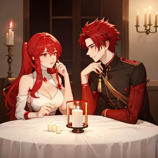 Prompt: Zerif 1male (Red side-swept hair covering his right eye) and Haley having a romantic candle lit dinner