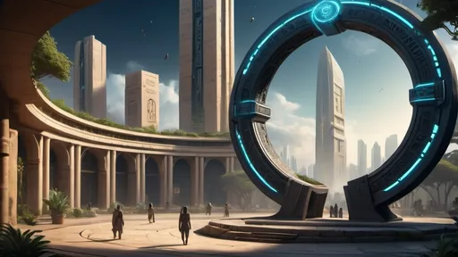 Prompt: magical portal between cities realms worlds kingdoms, circular portal, ring standing on edge, upright ring, freestanding ring, hieroglyphs on ring, complete ring, ancient babylonian architecture, gardens, large wide-open city plaza, turned sideways view, futuristic cyberpunk tech-noir setting