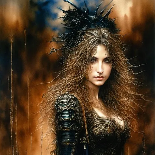 Prompt: (portrait) Luis Royo fine art, dark blue ink, gold watercolor, extremely detailed, precise execution.