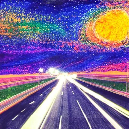 Prompt: Highway in night sky. Highways connects two floating islands. Surreal. Sky has many stars. Orbs. Cinematic quality. Long exposure. Cars on highway. Drawing with oil pastels.