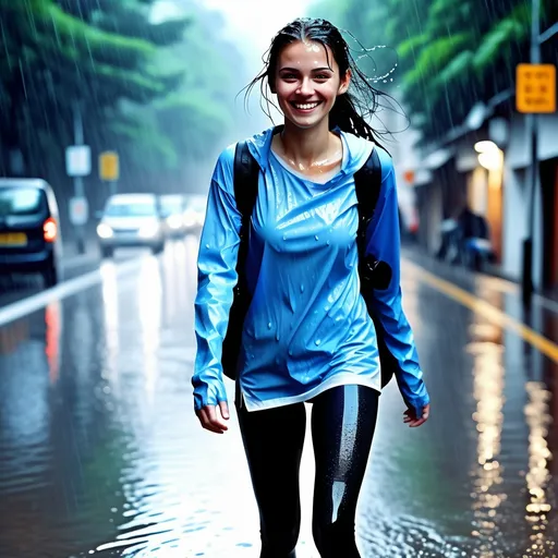 Prompt: woman stading on the road on the heavy rain, smiling and enjoying, admiring her wet clothes, fully clothed in white sneakers, tight long black leggings, tight long sleeved blue t-shirt, without jacket,with small black backpack on the back, clothes become soaked and wet from rain, soaked and wet hair,
detailed soaked and wet  fabric texture, 
soaked and wet clothes, dripping water and hanging on body, 
showing body outline, under wear, realistic
