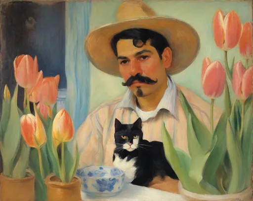 Prompt: Mary Cassatt style Impressionist mexican man, domestic life, cat, tulips, soft colors, loose brushwork
