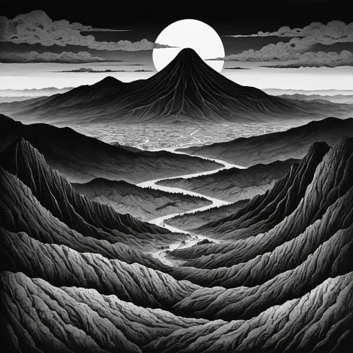 Prompt: Dark alien landscape, black and white, Junji Ito, mountains, nature, eerie, night, nightmare