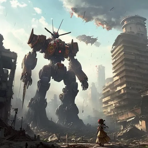 Prompt: A giant mecha with a petite girl on his left hand, background is a ruined city with two buildings collapsing on each others, is raining, the plants grow over the ruined city