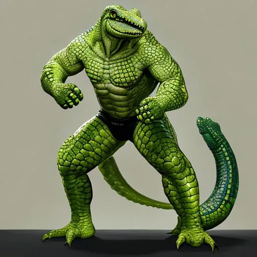 Prompt: reptilian brock lesnar green saltwater scaled skinned crocodile yellow eyes with matching tail full body portrait standing pose for fighting wearing mma gloves