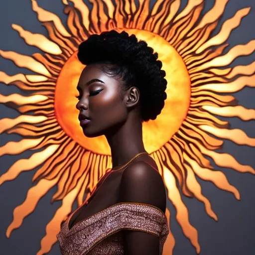 Prompt: sun goddess, dark skin, glowing