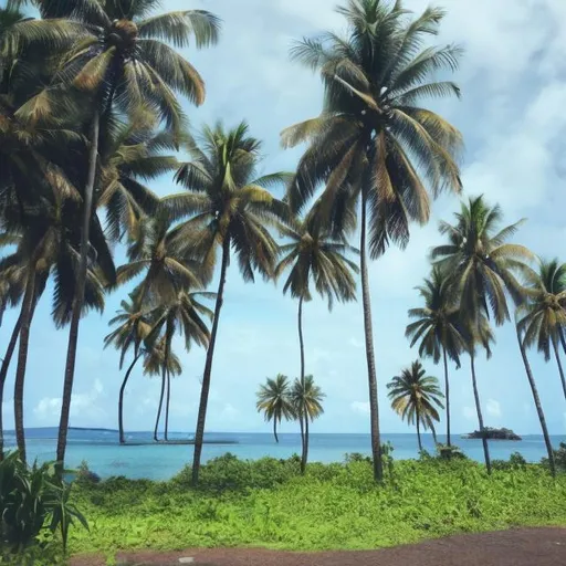 Prompt: Only 3 coconut trees on an island