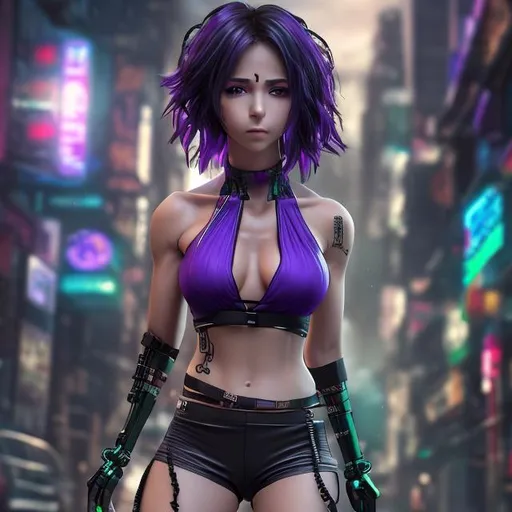 Prompt: 4k high resolution cgi anime cyberpunk style, 50 year old petite Latin female, light purple eyes, dark hair, thick body build, small chest, bare belly and low cut green halter top, 