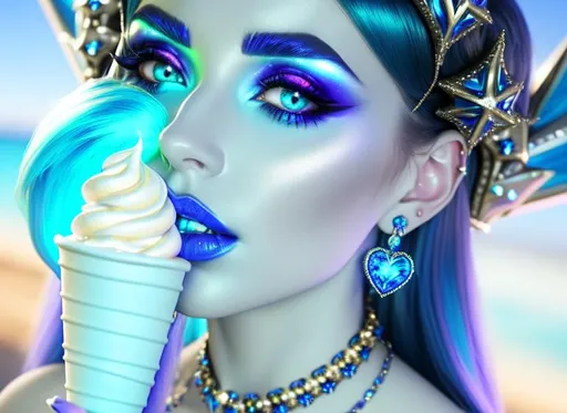 Prompt: Kayleigh Mcenany with ultradetailed large shiny blue lips, Blinding Heart Earrings, Blue Xtra Large Metal Ball Gown, Rainbow Sugar Gloves with Purple Fur, Glowing Blue eyes, Artisans Cut Gleaming Ice Cream Tiara. Pristine Green hair, confident facial expression, Full eyebrows with blue tint, Crocodile necklace, Wintry Aura, Black Armor Plated Shoulders, Cake Covered gold wand, Sharp Nails, Auroras in eye of hurricane. Blue Moon. High resolution, Realistic, Cold color scheme, high radiance.