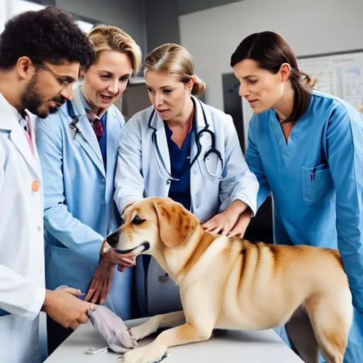 Prompt: A group of veterinarians working together on one dog
