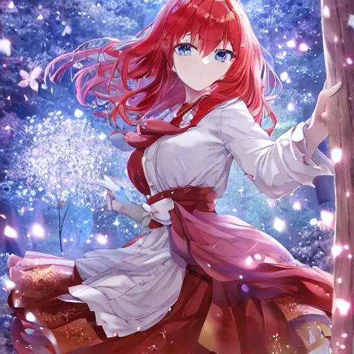 Prompt: girl on 25 with red hair and shining blue eyes, flowers in her hair, perfect anatomy in Magical forest with glittering around, golden dust, fireflies, perfect composition, best quality, best lightning 