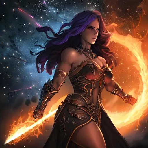 Prompt: Strong woman,staring, fighting with stars,into space,flaming sword,darkness, from far