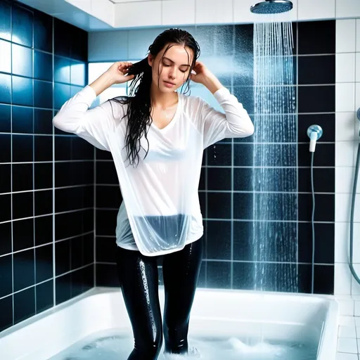 Prompt: photo of young woman, soaking wet clothes, white socks, long black leggings, see through white tshirt,  , standing in a shower,   enjoying, water dripping from clothes, clothes stuck to body,  detailed textures of the wet fabric, wet face, wet plastered hair,  wet, drenched, professional, high-quality details, full body view , front view